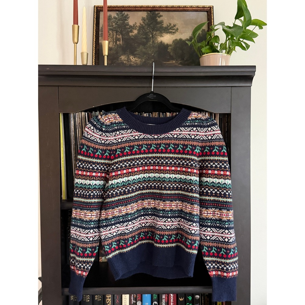 J.Crew Cherry Fair Isle Wool Blend Sweater XS Knit Pullover Grandmacore Nordic